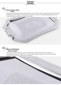 Detail of silver stainless steel tray with engraved patterns and polished mirror finish