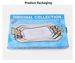 Three-piece European golden floral steel tray set shown in premium packaging