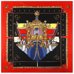 Détails du motif d'un foulard en soie rouge et noir avec un navire doré vintage