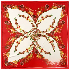 Close-up of butterfly floral patterns on a 130cm red twill silk square scarf