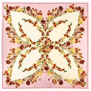 Detailed top-down view of butterfly floral patterns on large pink silk satin square scarf