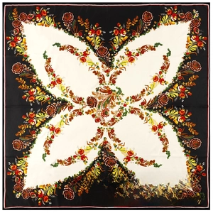 Detailed pattern showing vibrant floral and leaf motifs on a twill silk square scarf