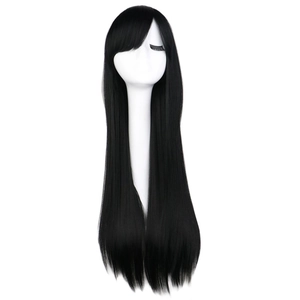 Detailed view of 80cm long straight black cosplay wig with bangs on a model head