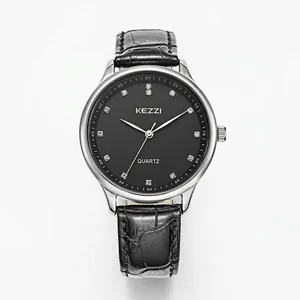 Minimalist quartz watch with black crocodile leather strap and diamond index markers