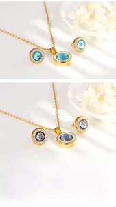 Detail view of round gold jewelry set with crystal pendant and micro-pave zircon necklace