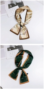 Detail of apricot and dark green twilly scarves with horse chain patterns on white background
