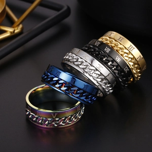 Close-up of rotatable Cuban chain and Roman numerals on stainless steel rings