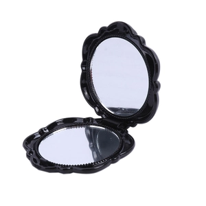 Portable black floral folding makeup mirror with double-sided round glass design