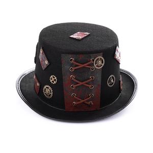 Gothic steampunk top hat with metallic gears and lace-up details for festival cosplay