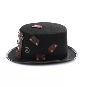 Detail of steampunk top hat with metallic gears, rivets and vintage fabric patches