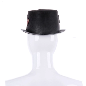 Detail of steampunk top hat with metallic gears and red ornaments on a black base