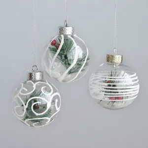 Clear Christmas Ball Ornaments Plastic Filled With Artificial Pine Needles Red Berries And Faux Snow For Holiday Decoration