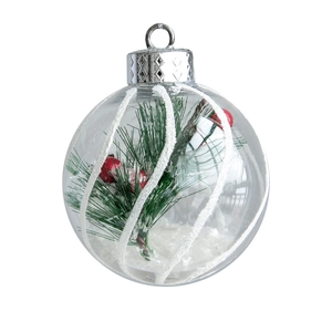 Clear 6cm Christmas ball with green pine needles, red berries and snow for tree decor