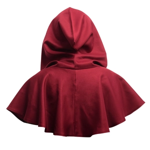 Back view of a deep red hooded short cloak in soft draped fabric for costumes