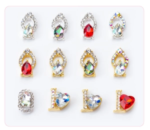 Macro display of 12-piece nail art charms with colorful rhinestones in gold and silver alloy