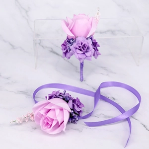 Purple artificial rose boutonniere and wrist corsage set for wedding ceremonies