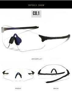 Macro display of cycling glasses showing 45-degree angle, front and back views with nose pad