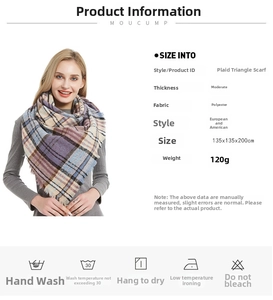 Polyester plaid triangle scarf with dimensions 135x135x200cm and 120g weight details