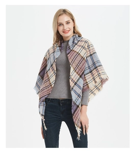 Detail of plaid scarf featuring vibrant purple and beige checkered pattern with fringe