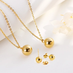 Minimalist 18K gold plated stainless steel necklace and ball stud earrings jewelry set