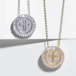 Cross Pendant Necklace Copper 18K Gold Plated Zircon Round Disk Hollow Baguette Cut Religious Luxury Jewelry For Women
