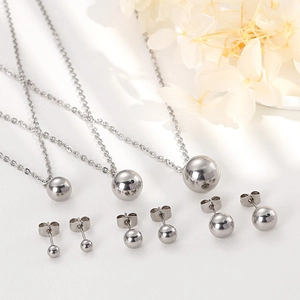 Minimalist silver stainless steel bead jewelry set with three necklaces and stud earrings