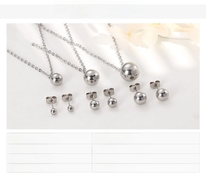 Detail view of stainless steel ball jewelry set showing round necklaces and stud earrings