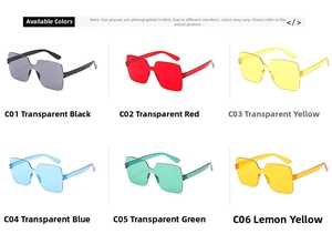 Detailed grid of oversized square rimless sunglasses in six candy colors C01 to C06