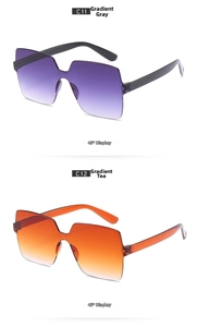 Detail view of rimless oversized square sunglasses in gradient grey and gradient tea colors