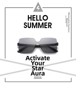 Detail view of fashion square rimless sunglasses with gradient grey lenses and black temples