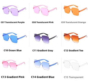 A variety of colorful frameless square sunglasses in nine different candy-colored shades