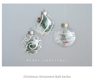 Detail of 6cm clear Christmas ornaments with artificial pine, red berries and snow filling
