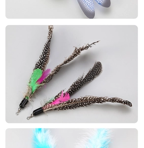 Detail view of spotted feather cat wand replacements with bells and metal swivel clasps