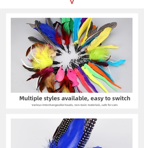 Detail of diverse cat teaser refills featuring natural feathers and non-toxic fabric materials