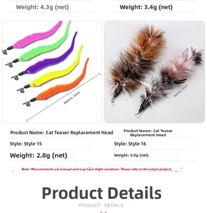 Detail view of colorful feather and worm cat wand refills with metal hooks and bells