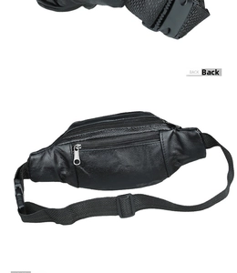 Dettaglio del retro del marsupio in pelle nera con tasca a zip e fibbia a sgancio rapido