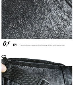 Dettaglio di pelle PU a grana litchi, cerniera in metallo e robusto cinturino in nylon