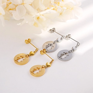 Titanium steel heart and girl silhouette hollow pendant earrings in gold and silver