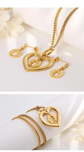 Close-up of gold hollow heart-shaped pendant and earrings with girl silhouette detail