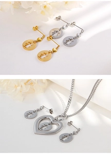 Detailed set of hollow heart and girl pendant necklace and earrings in gold and silver