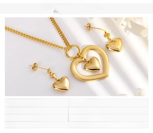 Detail view of gold stainless steel necklace and heart earrings set with product specs