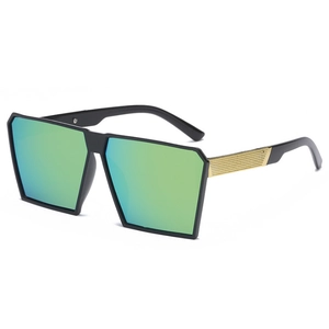 Oversized black square sunglasses with green reflective lenses and gold metal temples