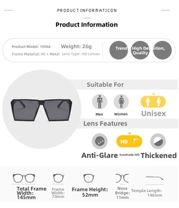 Detailed size chart for oversized PC and metal sunglasses showing frame and lens dimensions