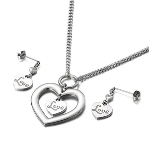 Stainless Steel Double Heart Necklace And Earrings Love Engraved Hollow Romantic Elegant Jewelry Gift For Women