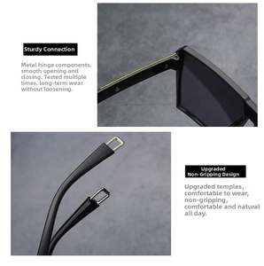 Detail view of durable metal hinges and ergonomic smooth temples for black oversized sunglasses