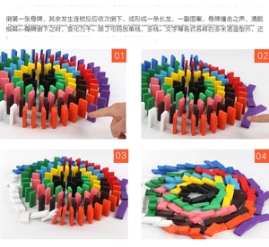 Macro sequence of colorful wooden dominoes falling in a chain reaction for educational play