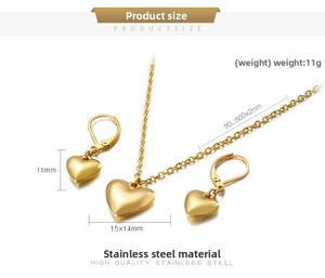 Spécifications de taille pour l'ensemble de bijoux coeur en acier inoxydable doré