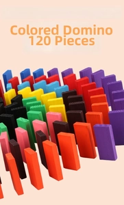 Top view of 120 multicolored wooden domino blocks arranged in a circular pattern