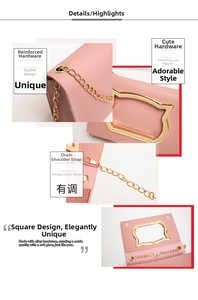 Detail view of pink PU leather bag featuring gold cat-shaped metal frame and chain strap