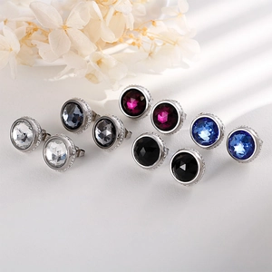 Five pairs of stainless steel round zircon stud earrings in various colors with small stones